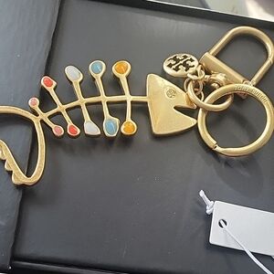 Tory Burch Gold Fishbone Keychain with Colorful Accents